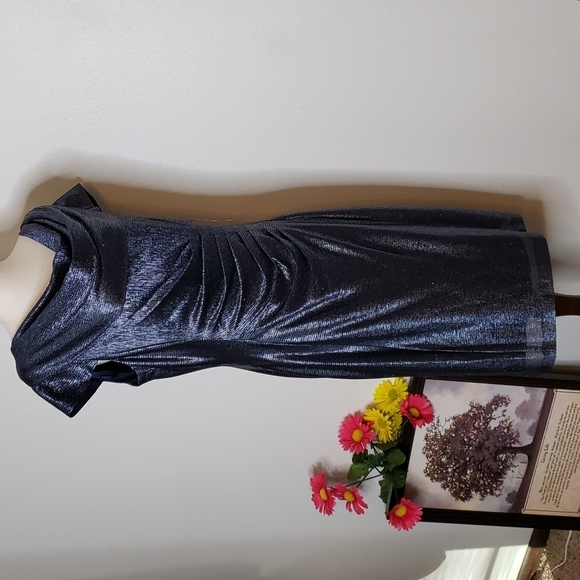 NEW Tahari ASL Navy Blue Metallic Sequin Ruch Cowl Neck Dress Elegant Castlecore - Picture 12 of 14